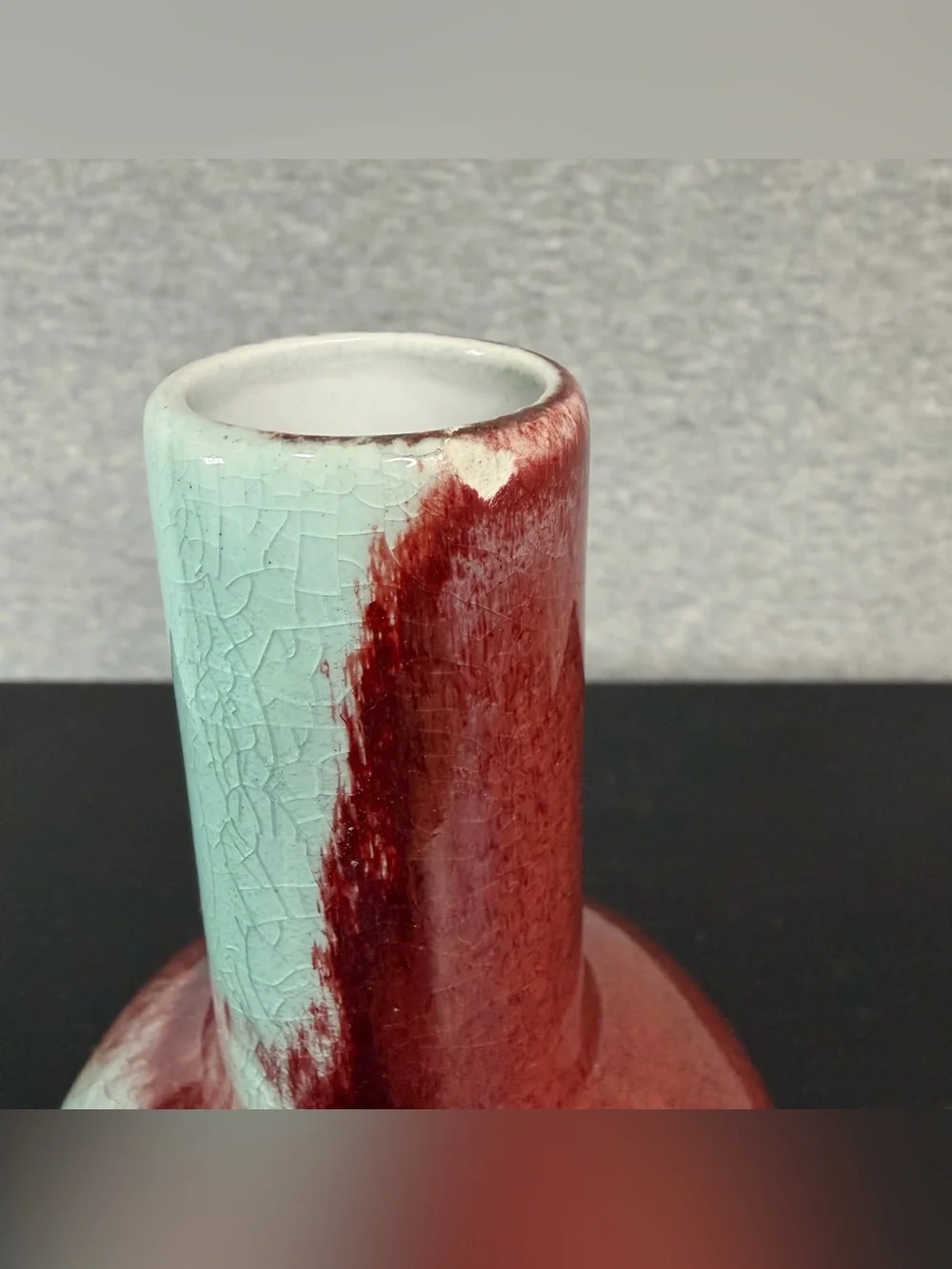 Vintage Chinese Jingdezhen Flambé Oxblood Celadon Crackle Vases Pair Blue Mark